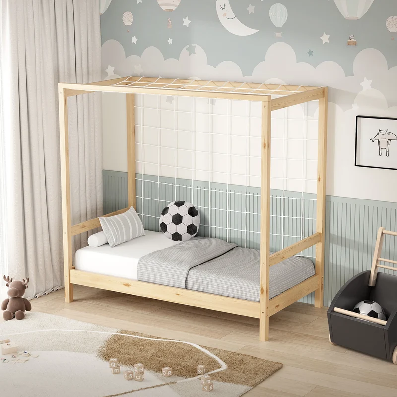 Kinderbett Fußballtor 70x140 cm Natur Einzelbett für Kinder Holzbett mit Lattenrost & Tornetz Handballtor ML-Design