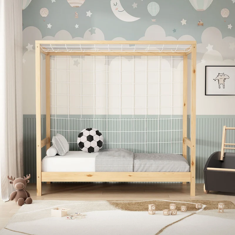 Kinderbett Fußballtor 70x140 cm Natur Einzelbett für Kinder Holzbett mit Lattenrost & Tornetz Handballtor ML-Design