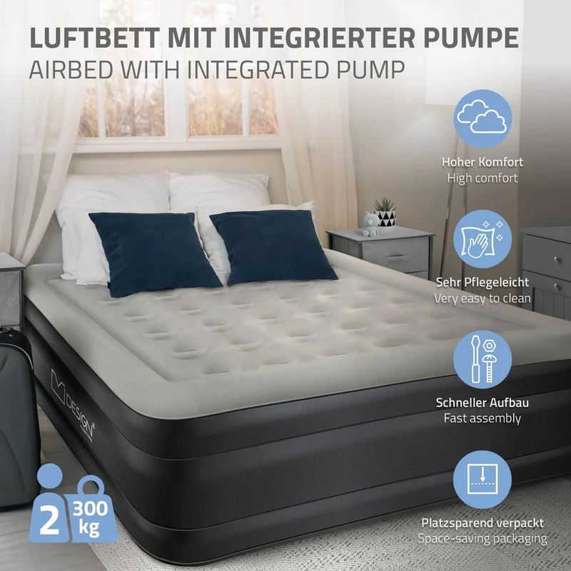 Luftmatratze Luftbett mit eingebauter Luftpumpe für 2 Personen 203x157x47 cm Grau ML-Design