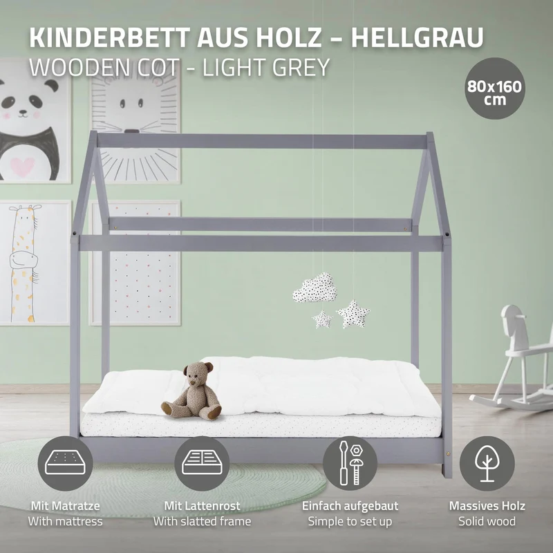 Kinderbett Hausbett 80x160 cm Hellgrau aus Kiefernholz inkl. Matratze H-10cm Holzbett mit Dach und Lattenrost ML-Design