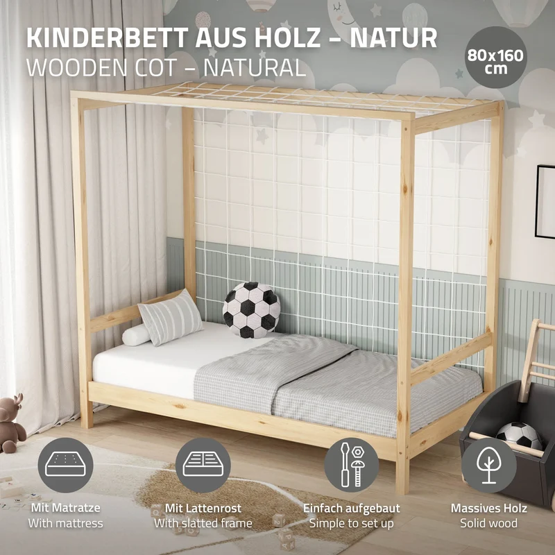 Kinderbett Fußballtor 80x160 cm Natur aus Kiefernholz mit Matratze H-10cm Handballtor mit Lattenrost & Tornetz ML-Design