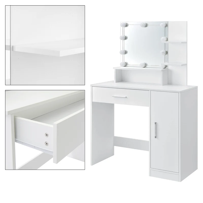 Schminktisch Frisiertisch 90x38x137 cm in Weiß mit LED Beleuchtung, Spiegel, Schublade, Schrank & Hocker ML-Design