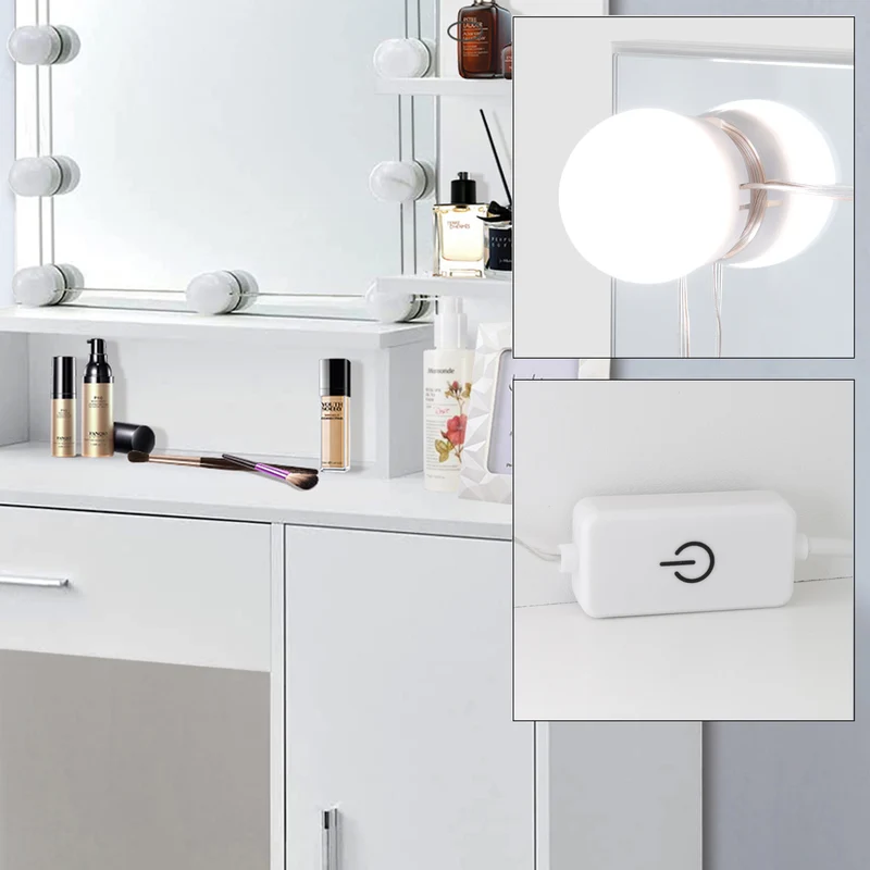 Schminktisch Frisiertisch 90x38x137 cm in Weiß mit LED Beleuchtung, Spiegel, Schublade, Schrank & Hocker ML-Design
