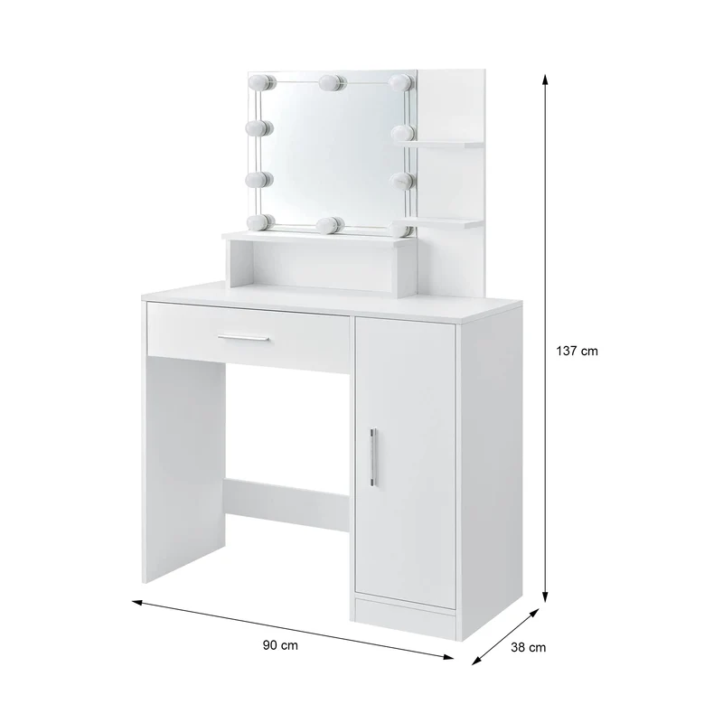 Schminktisch Frisiertisch 90x38x137 cm in Weiß mit LED Beleuchtung, Spiegel, Schublade, Schrank & Hocker ML-Design