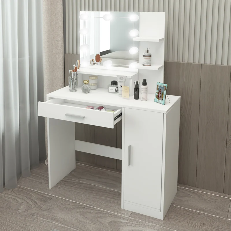 Schminktisch Frisiertisch 90x38x137 cm in Weiß mit LED Beleuchtung, Spiegel, Schublade, Schrank & 3 Ablagen ML-Design