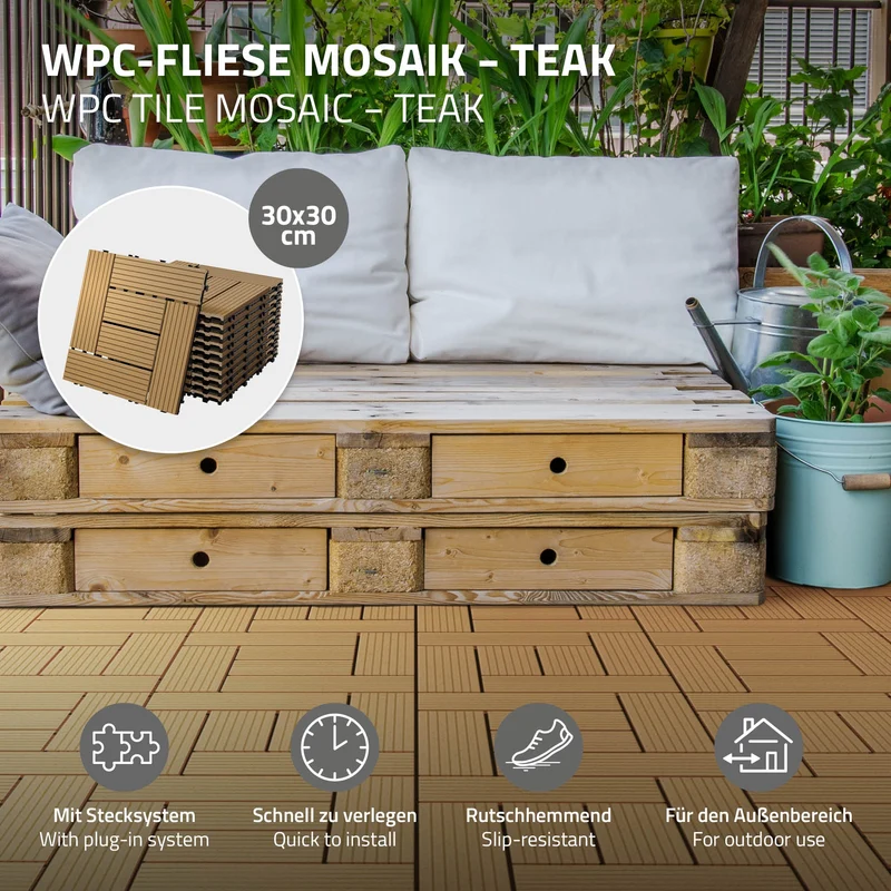WPC Terrassenfliesen 30x30 cm 22er Set für 2m² Teak in Holzoptik Mosaik mit Drainage und Klicksystem