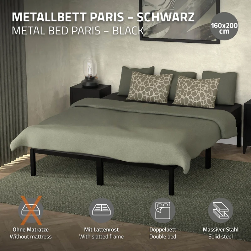 Bettgestell Doppelbett 160x200 cm aus Metall in Schwarz mit Lattenrost ML-Design