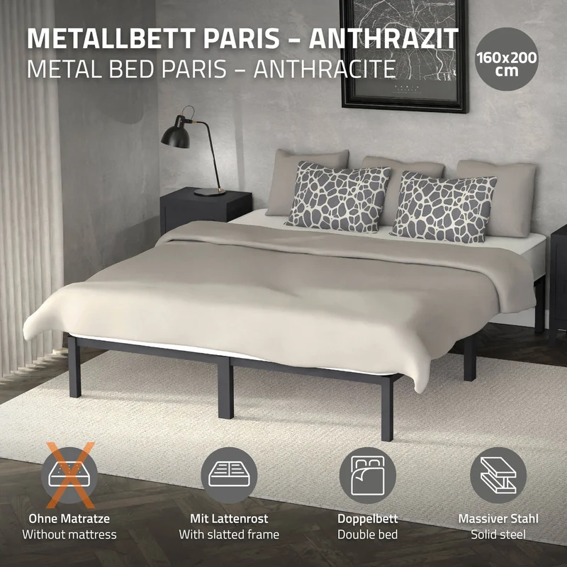Bettgestell Doppelbett 160x200 cm aus Metall in Anthrazit mit Lattenrost ML-Design