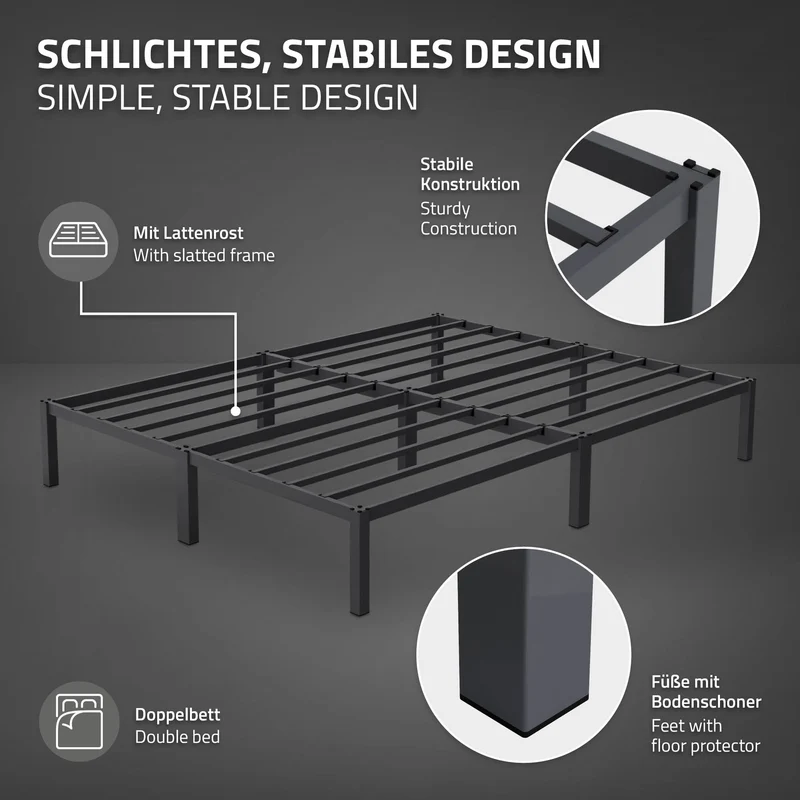 Bettgestell Doppelbett 160x200 cm aus Metall in Anthrazit mit Lattenrost ML-Design
