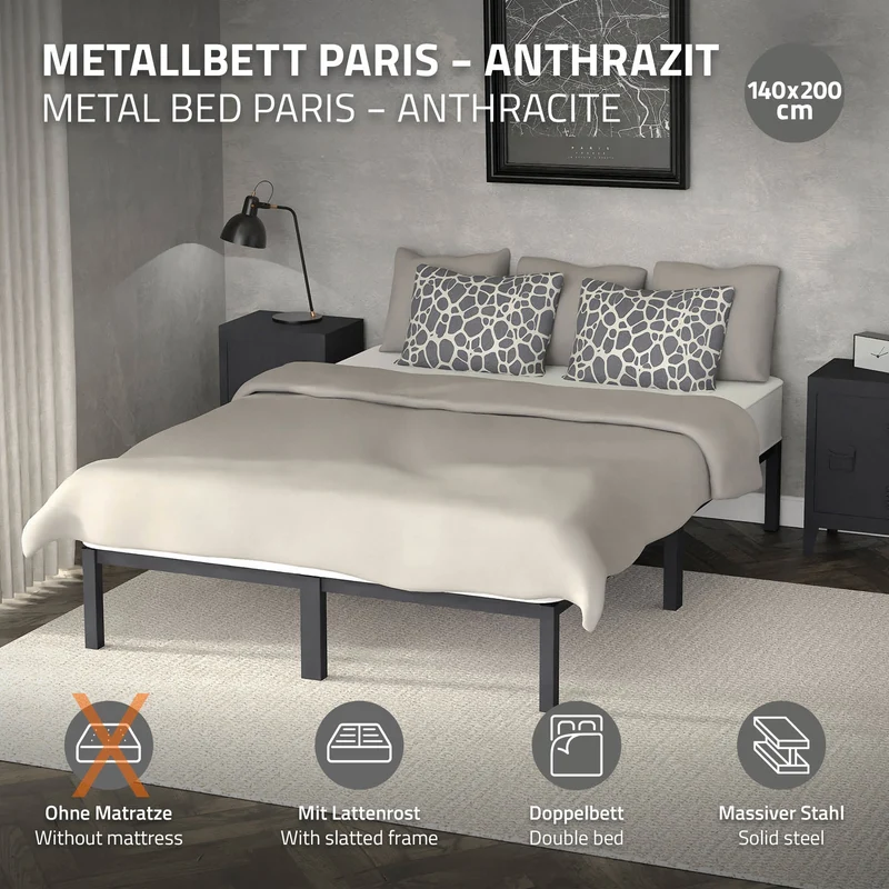 Bettgestell Doppelbett 140x200 cm aus Metall in Anthrazit mit Lattenrost ML-Design