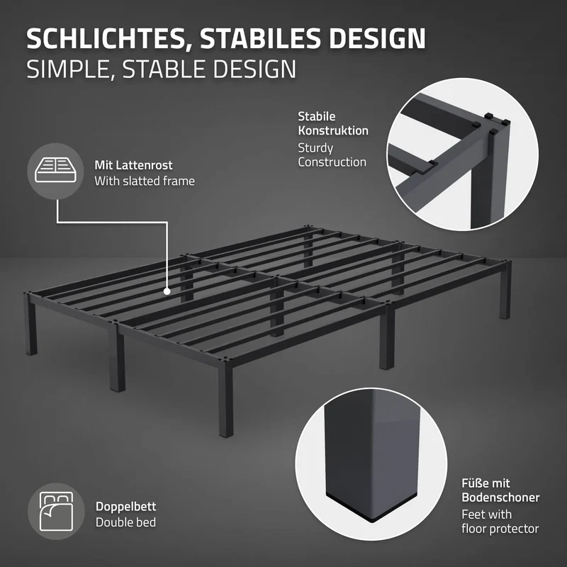 Bettgestell Doppelbett 140x200 cm aus Metall in Anthrazit mit Lattenrost ML-Design