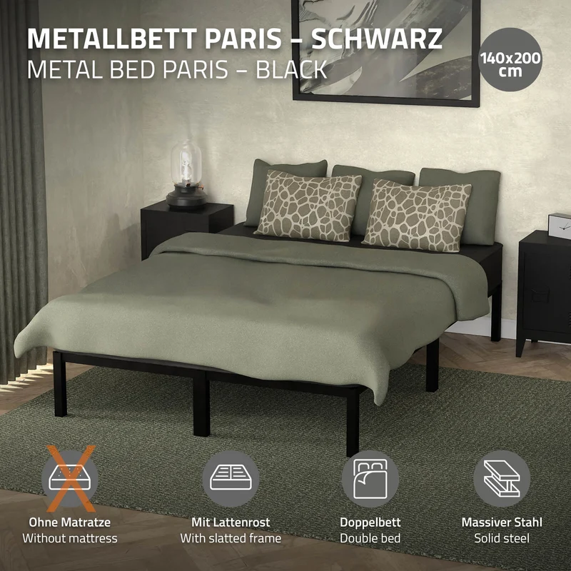 Bettgestell Doppelbett 140x200 cm aus Metall in Schwarz mit Lattenrost ML-Design