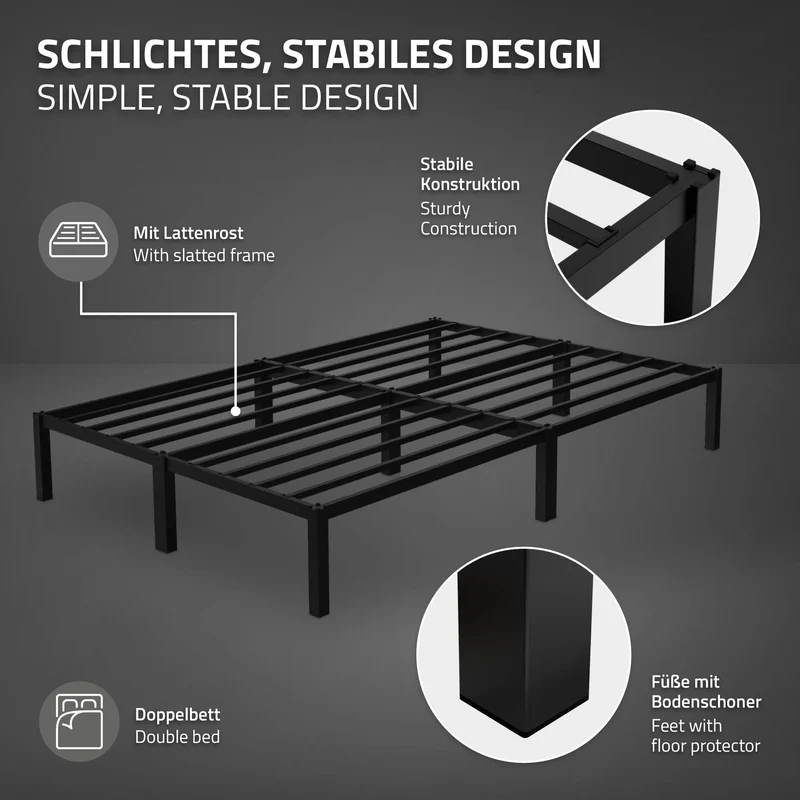 Bettgestell Doppelbett 140x200 cm aus Metall in Schwarz mit Lattenrost ML-Design