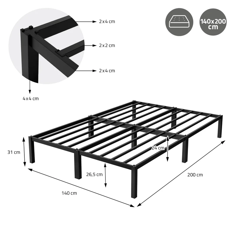 Bettgestell Doppelbett 140x200 cm aus Metall in Schwarz mit Lattenrost ML-Design