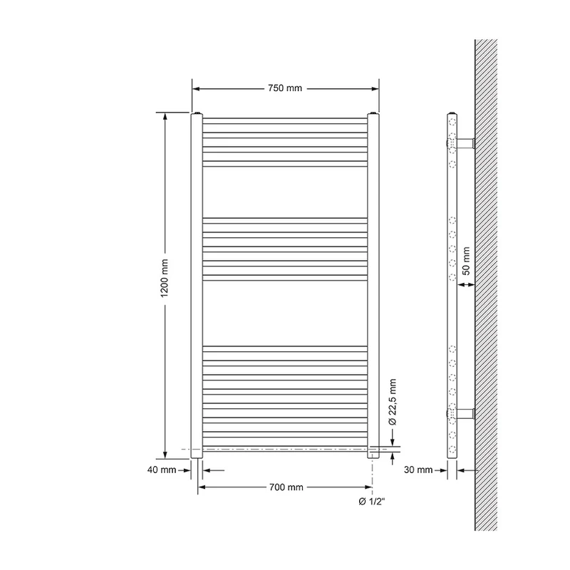 Badheizkörper Sahara 750x1200 mm Anthrazit gerade mit Seitenanschluss LuxeBath