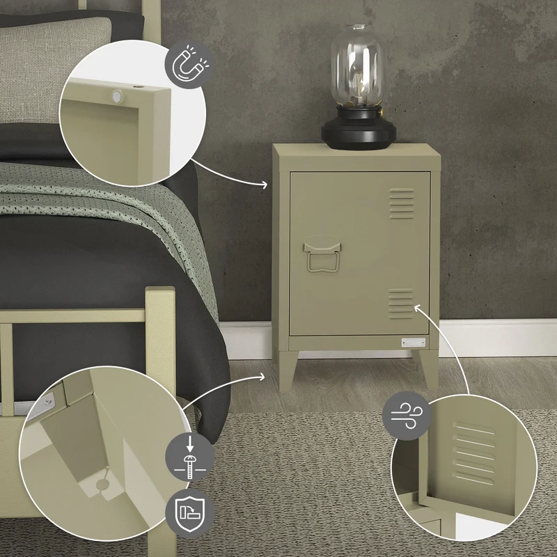 Nachttisch 40x30x58 cm Olive aus Stahl mit verstellbarer Regalboden ML Design