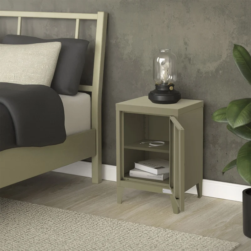 Nachttisch 40x30x58 cm Olive aus Stahl mit verstellbarer Regalboden ML Design