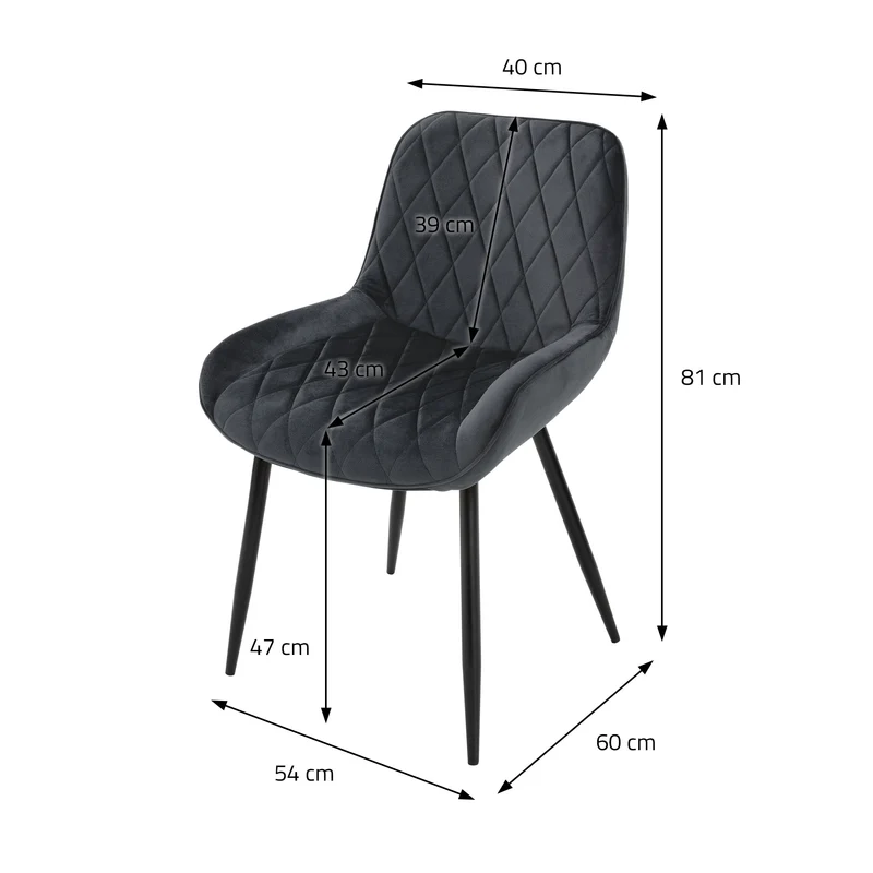 Esszimmerstuhl 2er Set Rauten Steppung Anthrazit Samtbezug mit Metallbeinen & Hohe Rückenlehne inkl. Montagematerial ML-Design