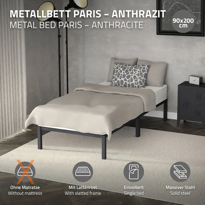 Bettgestell Einzelbett 90x200cm aus Metall in Anthrazit mit Lattenrost ML-Design