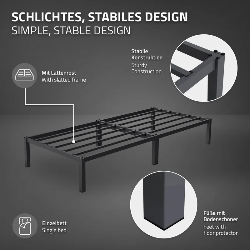 Bettgestell Einzelbett 90x200cm aus Metall in Anthrazit mit Lattenrost ML-Design