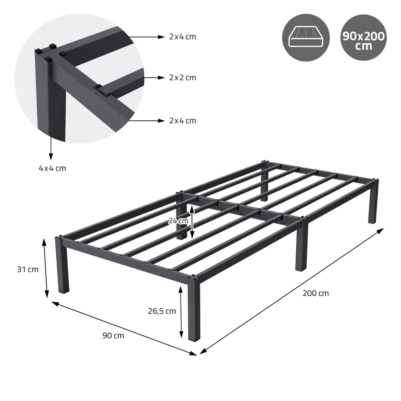 Bettgestell Einzelbett 90x200cm aus Metall in Anthrazit mit Lattenrost ML-Design