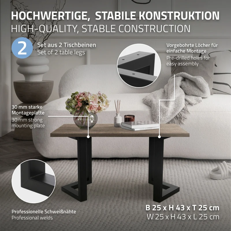 2er Set Tischkufen Bankkufen ARROW B25xH43 cm V-Form Metall Schwarz ML-Design