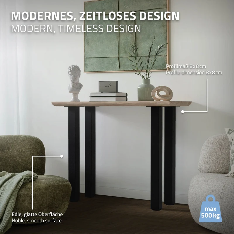 4er Set Tischbeine I-Design 90 cm Schwarz Tischgestell aus pulverbeschichteter Stahl, Profil 8x8 cm, höhenverstellbare Möbelfüße ML-Design