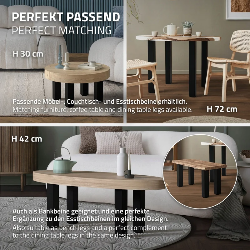 4er Set Tischbeine I-Design 90 cm Schwarz Tischgestell aus pulverbeschichteter Stahl, Profil 8x8 cm, höhenverstellbare Möbelfüße ML-Design