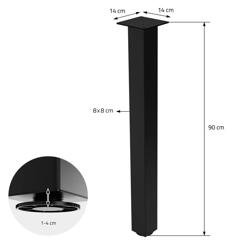 4er Set Tischbeine I-Design 90 cm Schwarz Tischgestell aus pulverbeschichteter Stahl, Profil 8x8 cm, höhenverstellbare Möbelfüße ML-Design