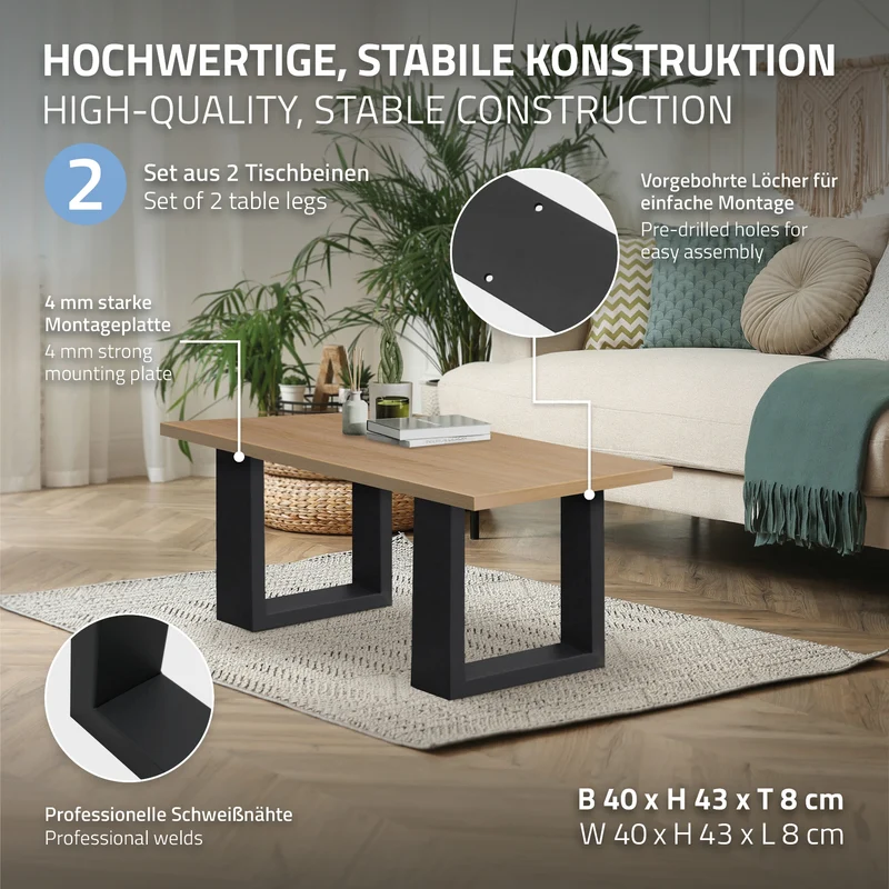 2x Tischbeine Bankkufen aus Vierkantprofilen 40x43 cm Schwarz pulverbeschichtete Stahl