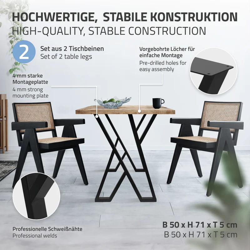 2 Stück Tischbeine B50xH71 cm Tischkufen X-Form Stahl pulverbeschichtet Schwarz ML-Design