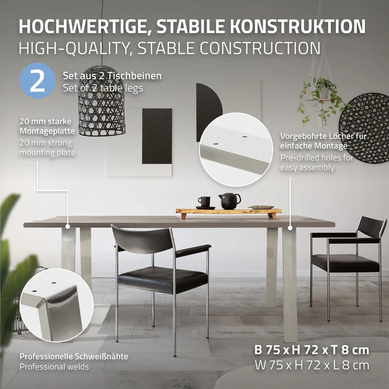 2er Set Tischbeine Loft 75x72 cm Silber Profil 8x2cm aus Edelstahl U-Form ML-Design