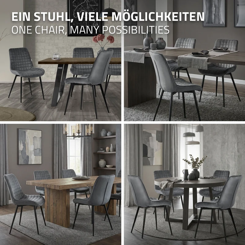 Esszimmerstuhl 6er Set Anthrazit mit Samtbezug und Stahlbeinen Küchenstuhl mit Rückenlehne ML-Design