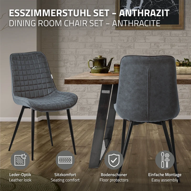 Esszimmerstuhl 4er Set Anthrazit mit Kunstlederbezug und Stahlbeinen Küchenstuhl mit Rückenlehne ML-Design