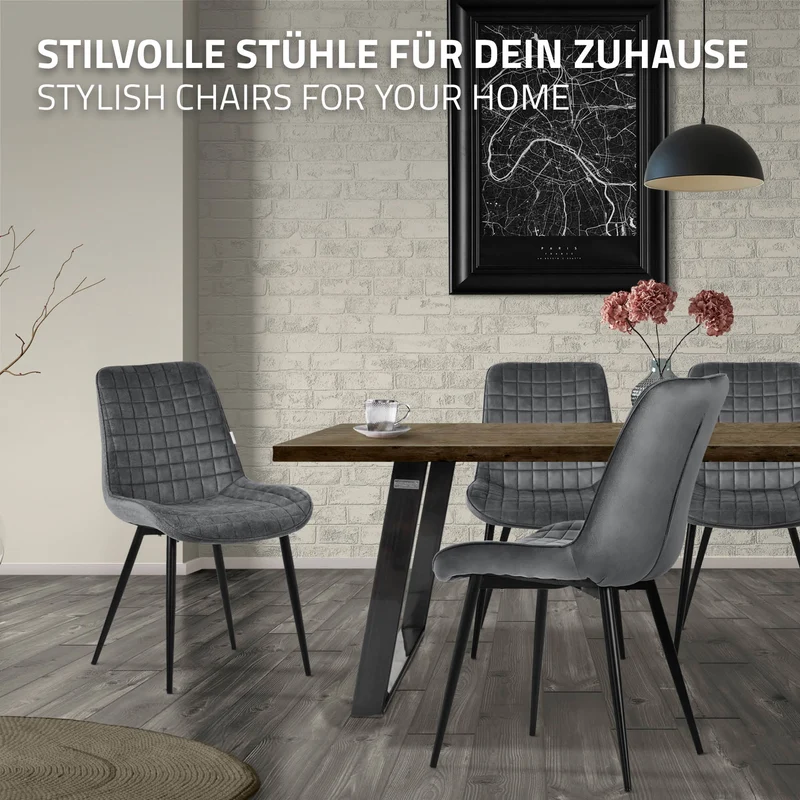 Esszimmerstuhl 4er Set Anthrazit mit Samtbezug und Stahlbeinen Küchenstuhl mit Rückenlehne ML-Design