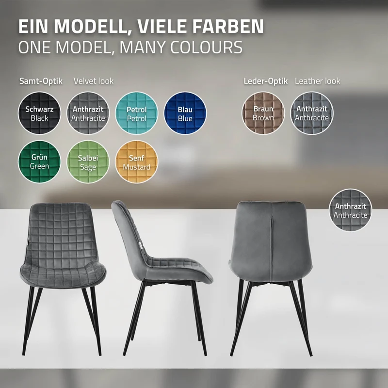 Esszimmerstuhl 4er Set Anthrazit mit Samtbezug und Stahlbeinen Küchenstuhl mit Rückenlehne ML-Design