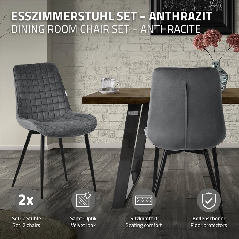 Esszimmerstuhl 2er Set Anthrazit mit Samtbezug und Stahlbeinen Küchenstuhl mit Rückenlehne ML-Design