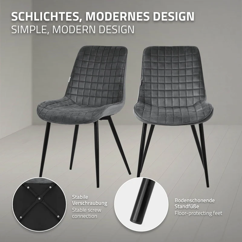 Esszimmerstuhl 2er Set Anthrazit mit Samtbezug und Stahlbeinen Küchenstuhl mit Rückenlehne ML-Design