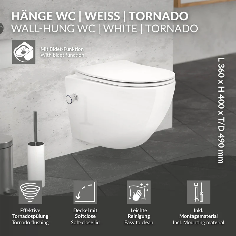 Wand-WC Hänge Toilette aus Keramik 49cm kurz Spülrandlos mit Bidet & Softclose Luxebath