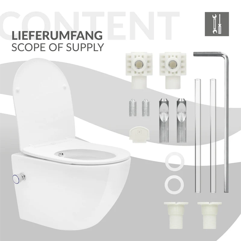 Wand-WC Hänge Toilette aus Keramik 49cm kurz Spülrandlos mit Bidet & Softclose Luxebath