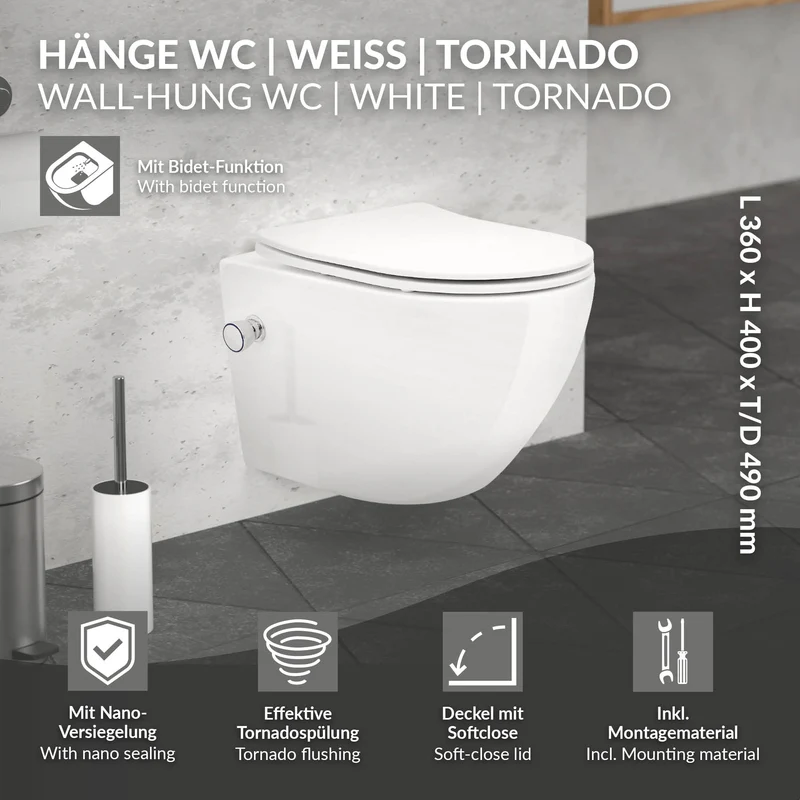 Wand-WC Hänge Toilette aus Keramik 49 cm kurz Spülrandlos mit Bidet, Nanoversiegelung & Softclose Luxebath