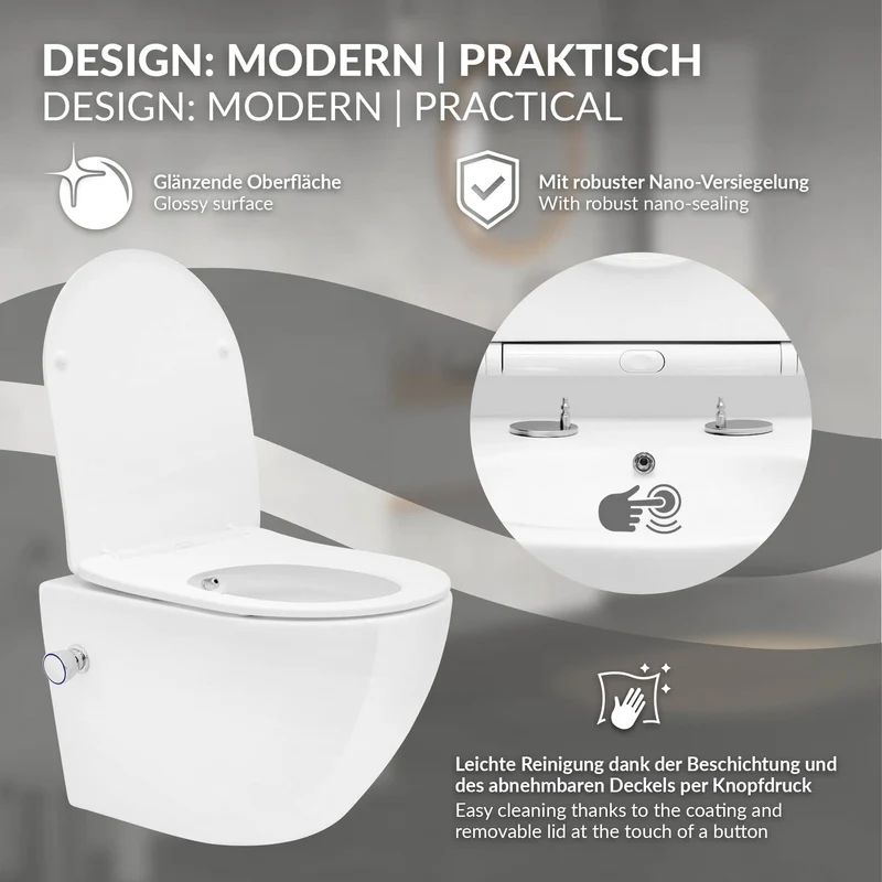 Wand-WC Hänge Toilette aus Keramik 49 cm kurz Spülrandlos mit Bidet, Nanoversiegelung & Softclose Luxebath
