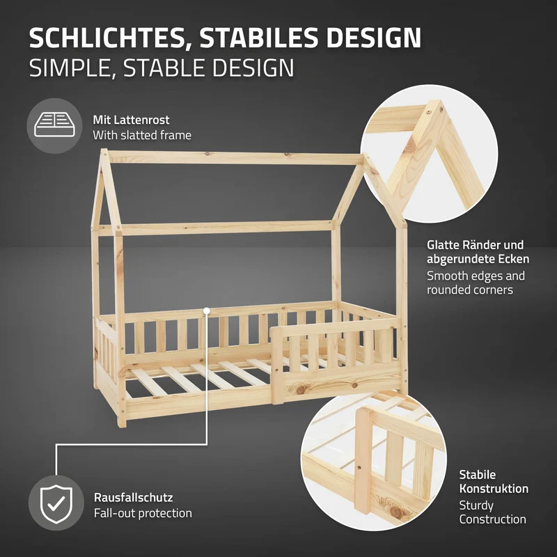 Kinderbett Hausbett 140x70 cm aus Kiefernholz mit Rausfallschutz Dach und Lattenrost Holzbett ML-Design