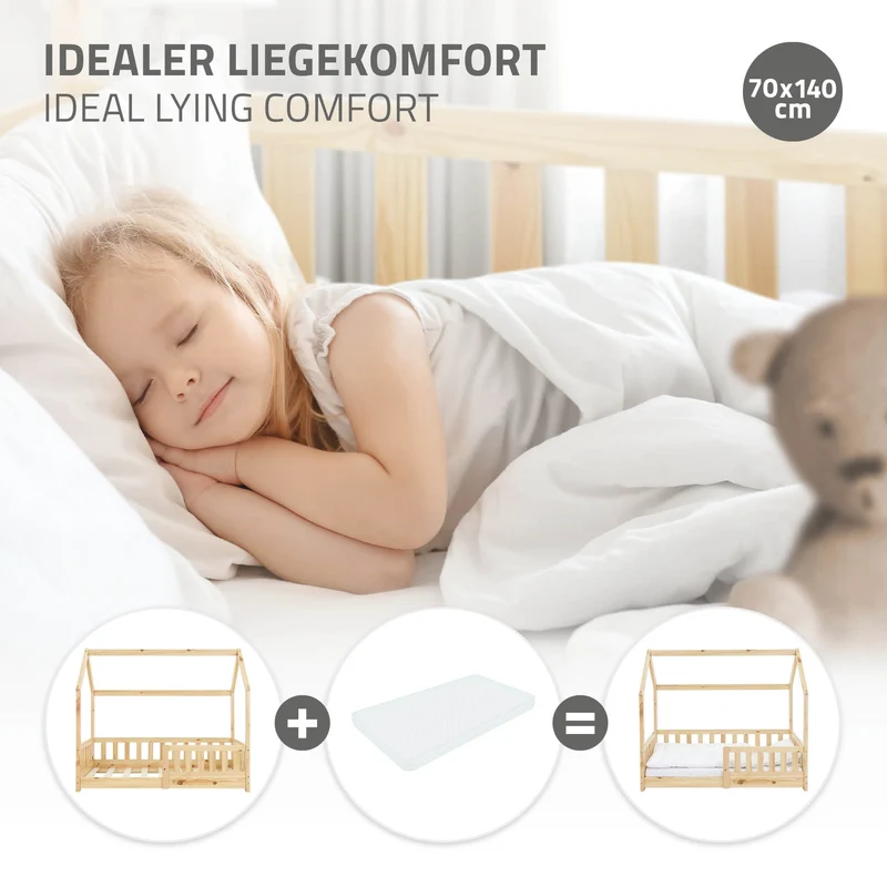 Kinderbett Hausbett 140x70 cm aus Kiefernholz mit Rausfallschutz Dach und Lattenrost Holzbett ML-Design