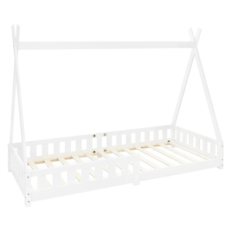 Kinderbett Tipi aus Kiefernholz mit Lattenrost, Rausfallschutz & Wahlweise Matratze ML-Design