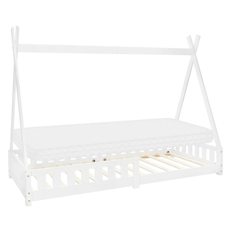 Kinderbett Tipi aus Kiefernholz mit Lattenrost, Rausfallschutz & Wahlweise Matratze ML-Design