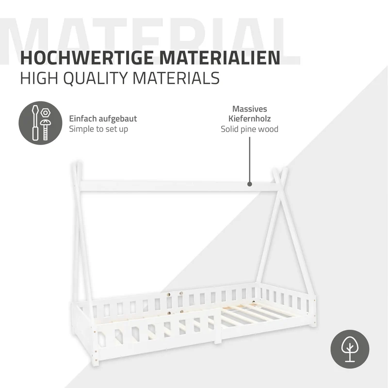 Kinderbett Tipi 90x200 cm Weiß aus Kiefernholz inkl. Matratze H-10cm Rausfallschutz und Lattenrost ML-Design