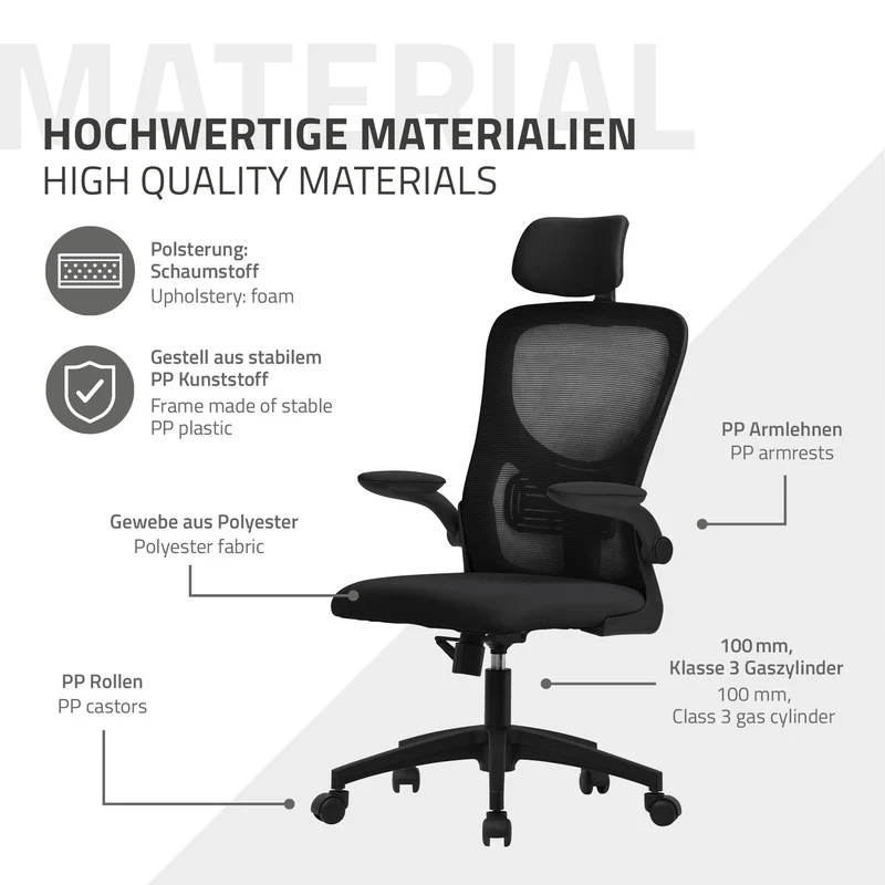 Ergonomischer Bürostuhl Schwarz Netzgewebe mit verstellbarer Kopfstütze und Rollen ML-Design