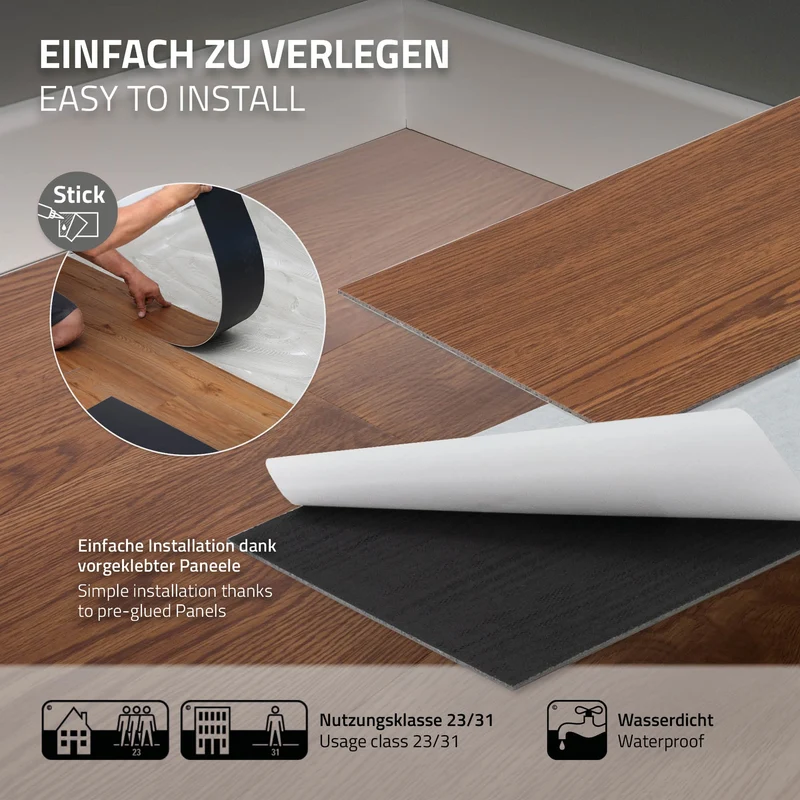 Deluxe PVC Klebevinylboden für 2,23 m² Roteiche Braun 2 mm dick ML-Design