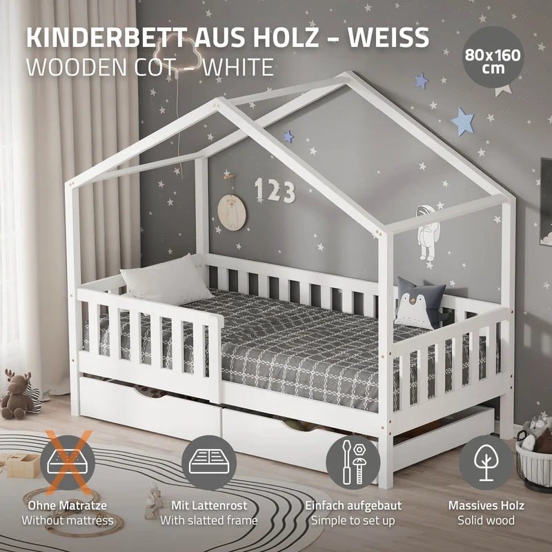 Kinderbett Hausbett mit 2 Schubkasten 80x160 cm Weiß aus Kiefernholz mit Rausfallschutz und Lattenrost ML-Design
